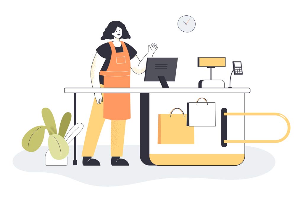 Woman-cashier-at-checkout-in-shop-or-supermarket